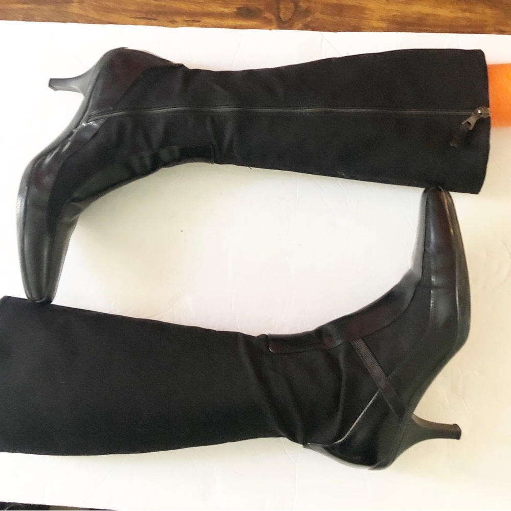 Prada Gabardine Black Tech Knee High Boots zipper Pointy Kitten Heel Size 38.5